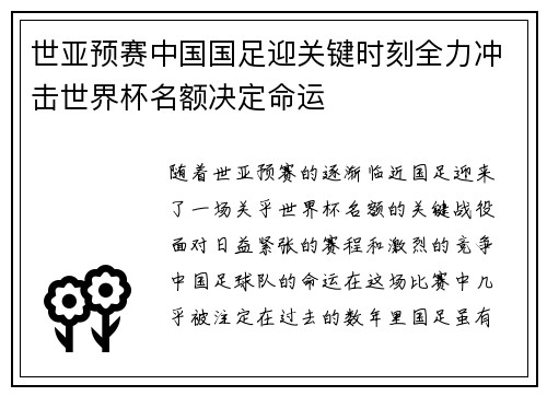 世亚预赛中国国足迎关键时刻全力冲击世界杯名额决定命运
